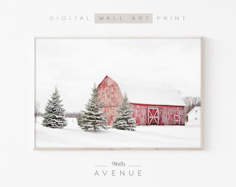 Winter Wall Art | Red Barn Print | Christmas Downloadable Prints