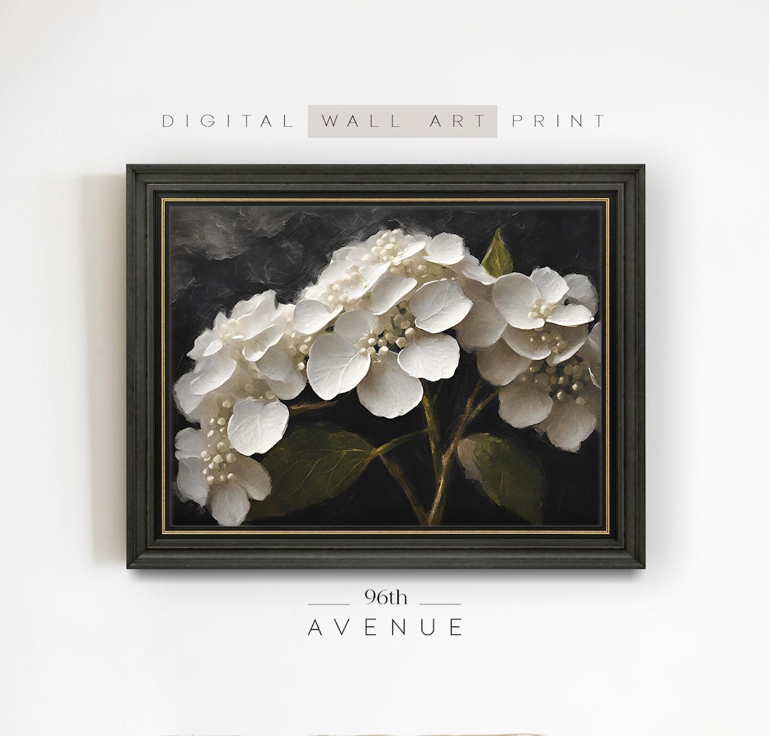 Vintage White Hydrangea Painting Download | Moody Botanical Wall Art ...