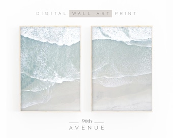 Ocean Set Of 2 Prints | Beach Waves Wall Art | Aerial Photography | Neutral Coastal Wall Art | Digital Download