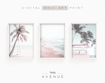 Set Of 3 Beach Prints | Pastel Pink Wall Art | Coastal Three Piece Wall Art | Printable Summer Art |California Coast | Camper Van Print