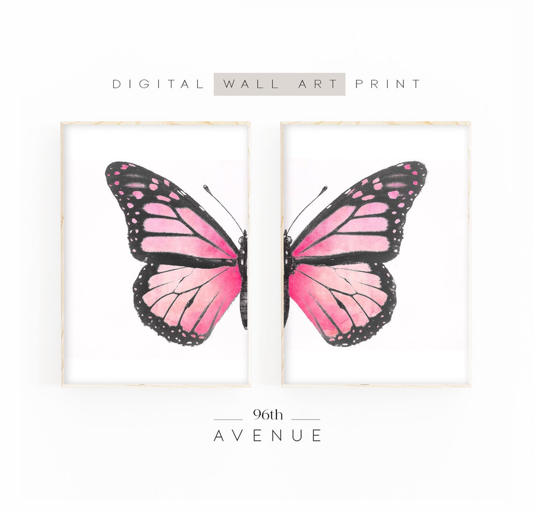 Butterfly Set of 2 Prints | Digital Pink Wall Art | Printable DOWNLOAD ...