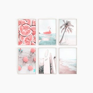 Beach Print Set Of 6 |Pastel Pink Beach Art Set |Ocean Wall Art |Surfing Photography |Nursery Prints |Teen Girl Room Decor |California Coast