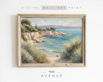 Mediterranean Coastal Landscape Painting | Digital Print | Vintage Beach Printable Wall Art   #1357