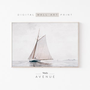 Vintage Neutral Sailboat Painting | Digital Watercolor Nautical Wall Art | Instant DOWNLOAD