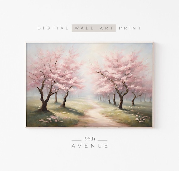 Cherry Blossom Painting Printable Wall Art Download | Blooming Floral Trees | Light Pink Spring Decor | Digital Sakura Print   #1100