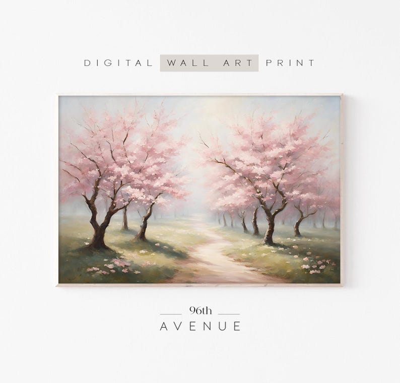 Cherry Blossom Painting Printable Wall Art Download | Blooming Floral Trees | Light Pink Spring Decor | Digital Sakura Print