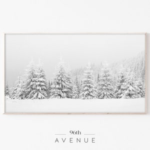 Cornice natalizia per TV / Cornice Samsung per TV / Alberi innevati / Scena invernale / Paesaggio innevato / Pini innevati / Foresta sempreverde invernale