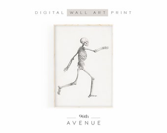 May include: A framed digital wall art print featuring a detailed black and white illustration of a running human skeleton. The print has the text "DIGITAL WALL ART PRINT" at the top and "96th AVENUE" at the bottom.