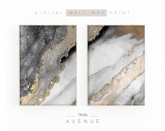 Abstract Painting Set Of 2 Prints | Black And Gold Marble Wall Art | Abstract Wall Decor | Downloadable Art | Two Piece Wall Art