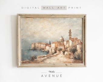 Vintage Coastal Village Landscape Wall Art | European City Painting | Printable Mediterranean Wall Art  #1365