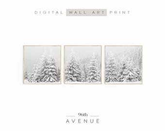 Snowy Forest Wall Art Set Of 3 Square Prints | Winter Forest Print Digital Printable Art | Winter Wonderland Wall Art Download