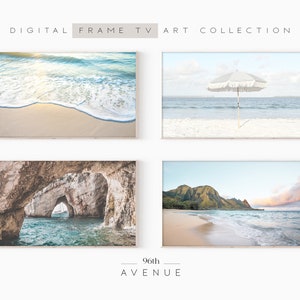 Peut inclure: Collection d'art numérique pour cadre TV avec quatre scènes de plage. Les images incluent des vagues sur une plage de sable, un parasol, des grottes marines et un paysage côtier avec des montagnes. Le texte "DIGITAL FRAME TV ART COLLECTION" et "96th AVENUE" sont visibles.