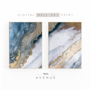 Abstract Painting Set Of 2 Prints | Blue And Gold Marble Wall Art | Abstract Wall Decor | Downloadable Art | Two Piece Wall Art