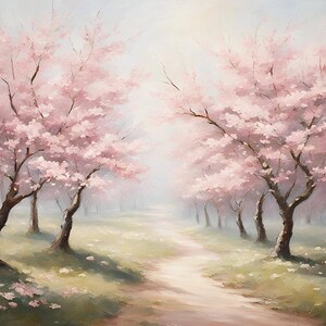 Cherry Blossom Painting Printable Wall Art Download | Blooming Floral Trees | Light Pink Spring Decor | Digital Sakura Print