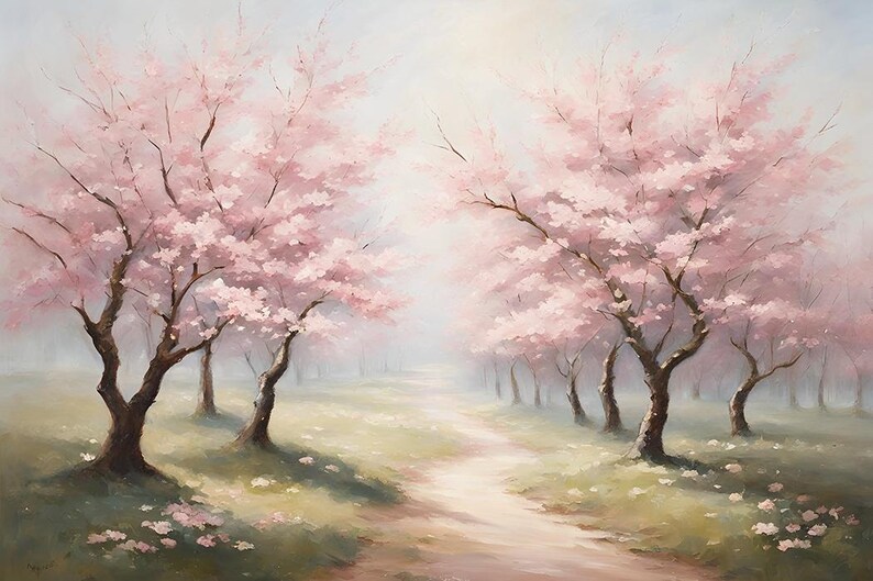Cherry Blossom Painting Printable Wall Art Download | Blooming Floral Trees | Light Pink Spring Decor | Digital Sakura Print