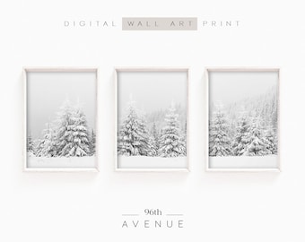 Snowy Forest Wall Art Set Of 3 Prints | Winter Forest Print Digital Printable Art