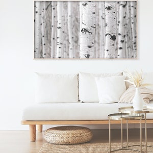 Puede incluir: Un sof&aacute; blanco con almohadas y una manta, un puf tejido y dos mesas auxiliares de metal dorado, una de las cuales tiene un jarr&oacute;n con flores secas. Una fotograf&iacute;a en blanco y negro enmarcada de abedules cuelga de la pared sobre el sof&aacute;. El texto "TURN YOUR TV INTO ART" est&aacute; sobre la foto y el texto "96th AVENUE" est&aacute; debajo de la foto.