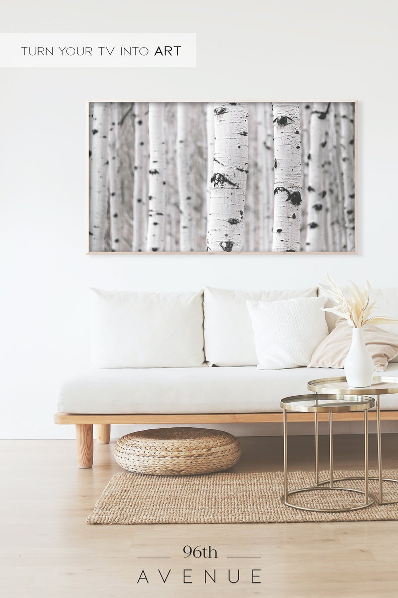 Puede incluir: Un sof&aacute; blanco con almohadas y una manta, un puf tejido y dos mesas auxiliares de metal dorado, una de las cuales tiene un jarr&oacute;n con flores secas. Una fotograf&iacute;a en blanco y negro enmarcada de abedules cuelga de la pared sobre el sof&aacute;. El texto "TURN YOUR TV INTO ART" est&aacute; sobre la foto y el texto "96th AVENUE" est&aacute; debajo de la foto.