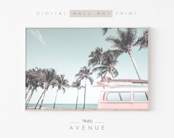 Pink Retro Van Print | Camper Van Wall Art | Beach Themed Decor | Surfer Van Wall Art | Digital Download | Boho Wall Decor | Surf Boards Art