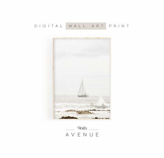 Muted Sailboat Print | Vintage Nautical Painting | Neutral Seascape Print | Digital Printable