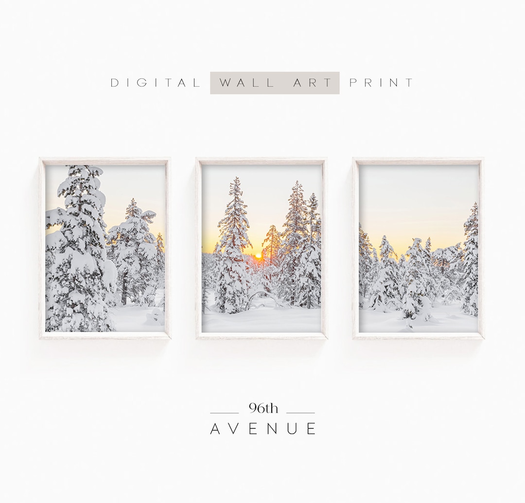 Winter Forest Wall Art Set of 3 Prints Snowy Forest Print Digital
