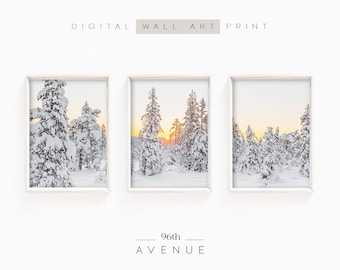 Winter Forest Wall Art Set Of 3 Prints | Snowy Forest Print Digital Printable Art | Instant Download