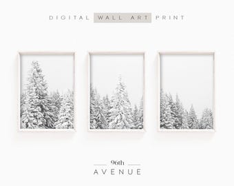 Winter Forest Wall Art Set Of 3 Prints | Snowy Pine Trees | Christmas Holiday Wall Decor | Minimalist Winter Digital Wall Art Download