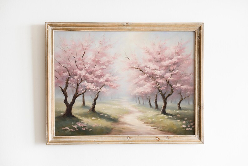 Cherry Blossom Painting Printable Wall Art Download | Blooming Floral Trees | Light Pink Spring Decor | Digital Sakura Print