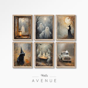 Juego de 6 impresiones de Halloween / Impresión de fantasmas / Impresiones de pared de galería de otoño / Impresiones digitales / Arte de pared imprimible de Halloween / Impresiones espeluznantes de otoño