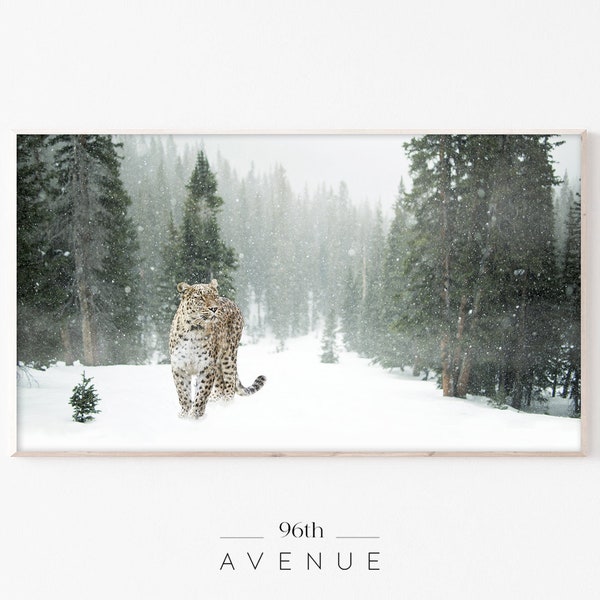 Leopard Samsung Frame Tv | Holiday Frame Tv | Wildlife Animal | Snowy Pine Tree Forest Landscape | Leopard Photography Digital Art Frame Tv