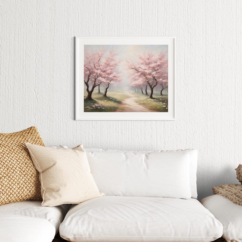 Cherry Blossom Painting Printable Wall Art Download | Blooming Floral Trees | Light Pink Spring Decor | Digital Sakura Print
