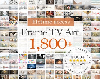 Może przedstawiać: Kolaż obrazów prezentujących ponad 1800 dzieł sztuki cyfrowej na ekrany telewizyjne. Tekst "Frame TV Art" i "1800+" wyświetlany jest dużą, pomarańczową czcionką. Tekst "dożywotni dostęp" wyświetlany jest pomarańczową czcionką. Mniejsze koło z tekstem "4000+ recenzji" i pięcioma złotymi gwiazdami wyświetlane jest w prawym dolnym rogu. Tekst "96th AVENUE" wyświetlany jest w dolnej części środka obrazu.