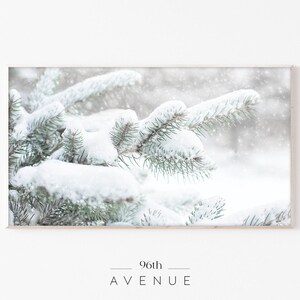 May include: A close-up of snow-covered evergreen branches with a blurred background of falling snow.