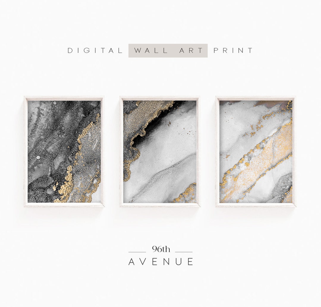 Abstract Painting Set of 3 Prints | Black and Gold Wall Art | Abstract ...