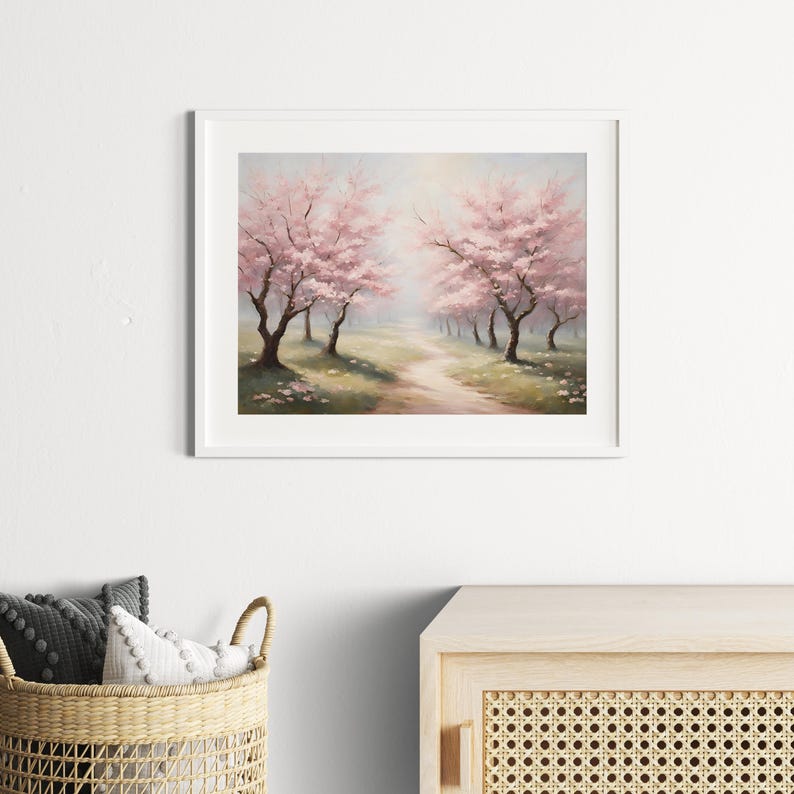 Cherry Blossom Painting Printable Wall Art Download | Blooming Floral Trees | Light Pink Spring Decor | Digital Sakura Print
