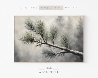 May include: A digital wall art print featuring a close-up of a pine tree branch with green needles against a foggy, gray background. The image has a soft, painterly style.