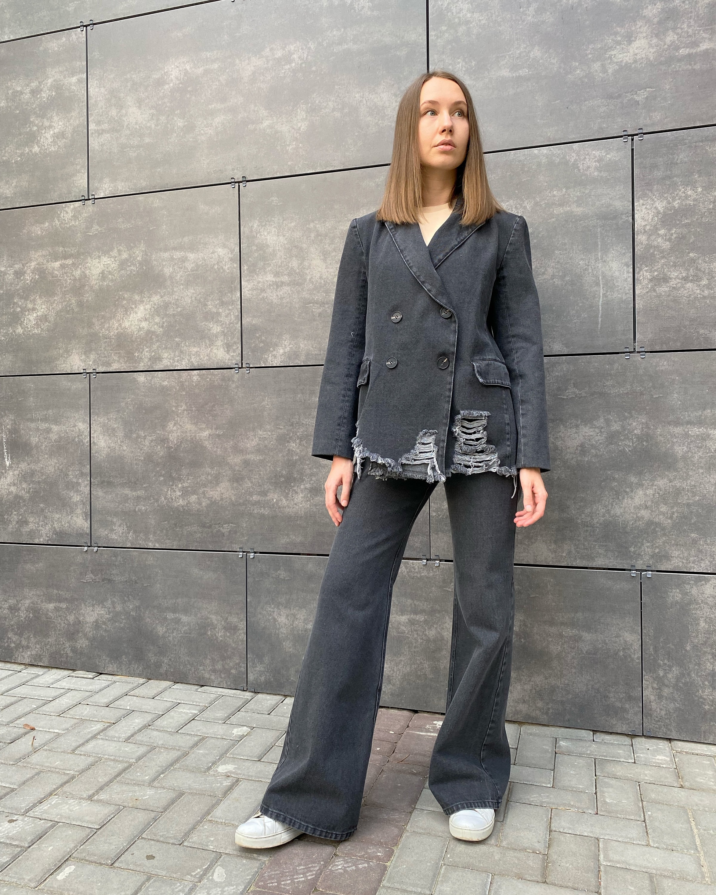 Distressed Denim Blazer Grey Jacked Ripped Denim Jacket Etsy