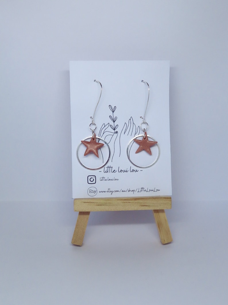 handmade dangles vegan polymer clay silver rose gold stars Clay Earrings boho vegan and cruelty free earrings