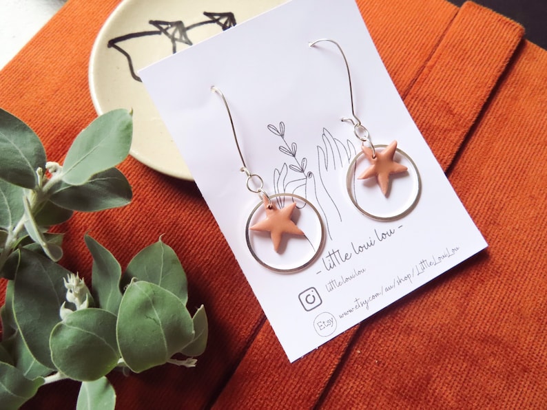 handmade dangles vegan polymer clay silver rose gold stars Clay Earrings boho vegan and cruelty free earrings