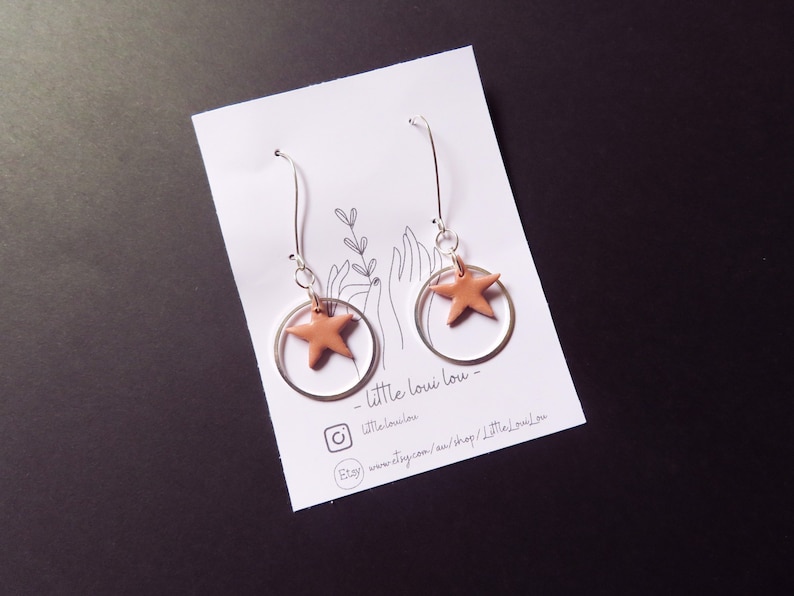 handmade dangles vegan polymer clay silver rose gold stars Clay Earrings boho vegan and cruelty free earrings
