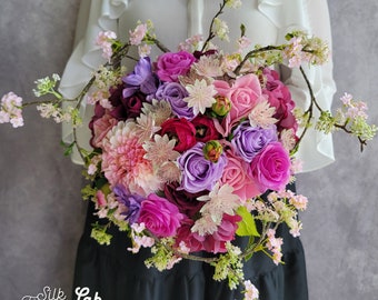 Romantic real touch rose bouquet, romantic wedding bouquet, realistic purple pink rose, artificial dahlia bouquet, romantic outdoor wedding