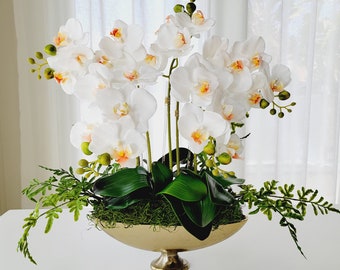 Luxury Real Touch White Medium Size Phalaenopsis Orchid Pot, Butterfly  Orchid Pot With Artificial Ferns in a Gold Metal Vase 