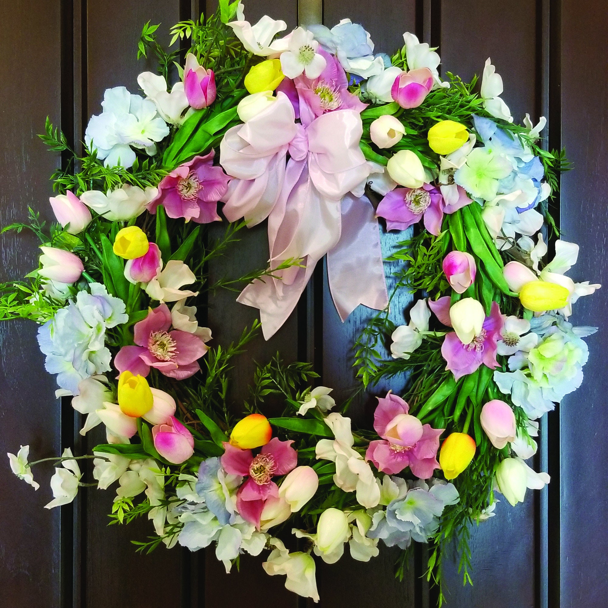 tulips 24 UV Protectant Sprayed Luxury Wreath with White Roses anemone tweedia and small delicate flowers