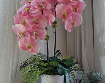 Luxury Real Touch White Medium Size Phalaenopsis Orchid Pot, Butterfly  Orchid Pot With Artificial Ferns in a Gold Metal Vase 