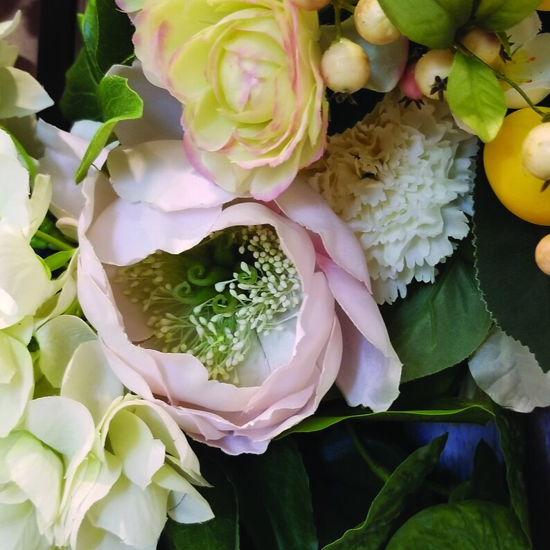 tulips 24 UV Protectant Sprayed Luxury Wreath with White Roses anemone tweedia and small delicate flowers