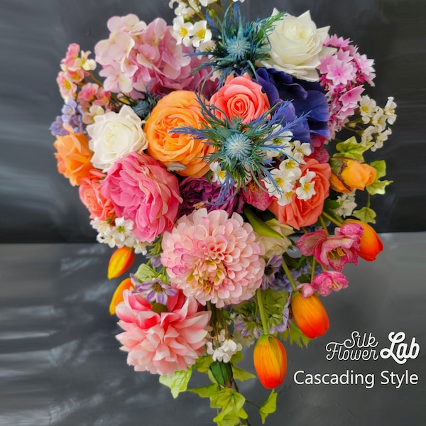 Vivid real touch artificial rose, silk dahlia, fake thistle romantic bouquet, pink purple orange bouquet, real touch flower wedding bouquet