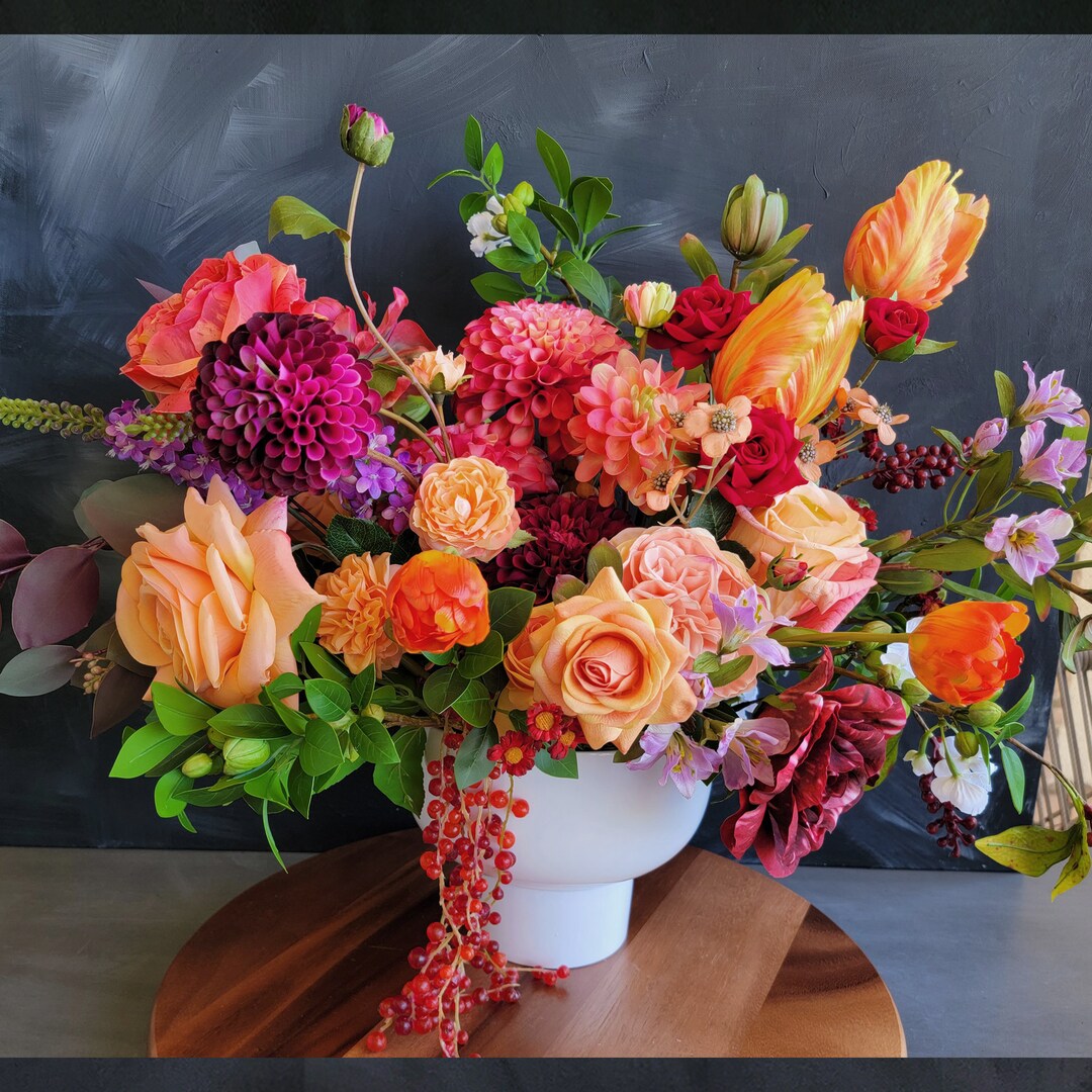 Premium Silk Flower Arrangement Red Orange Theme Flowers Etsy