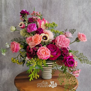 French style realistic flower arrange in ceramic, real touch roses, faux ranunculus, fake parrot tulip, artificial anemone, lovely arrange