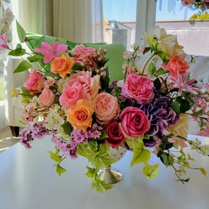 Premium artificial silk flower centerpiece with real touch roses, camellia, purple hydrangea, clematis, ranunculus, in mercury glass vase