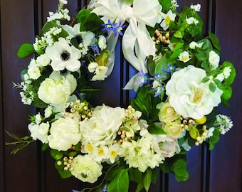 tulips 24 UV Protectant Sprayed Luxury Wreath with White Roses anemone tweedia and small delicate flowers